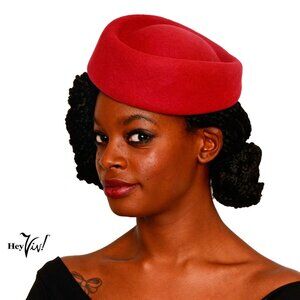 Red Stewardess Oval Pillbox Hat Retro Style Party Wedding Church - Hey Viv